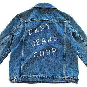 Vintage DKNY Denim Rhinestone Denim Jean Jacket Classic 90s Retro Boxy Size L